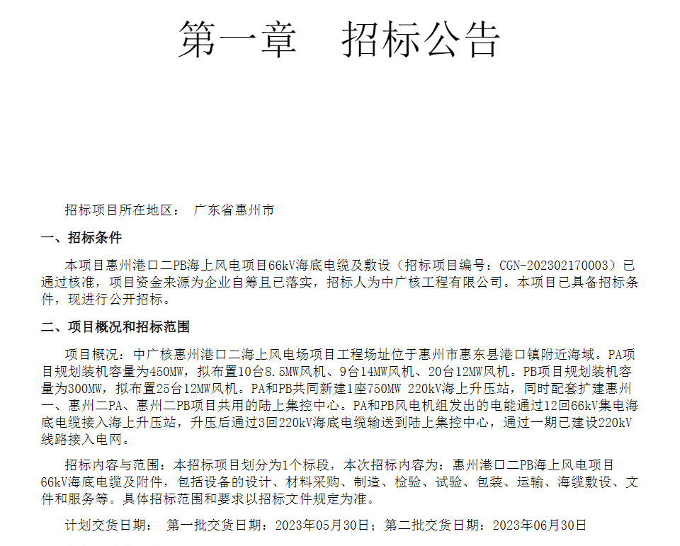 中广核惠州港口二PB海上风电项目招标